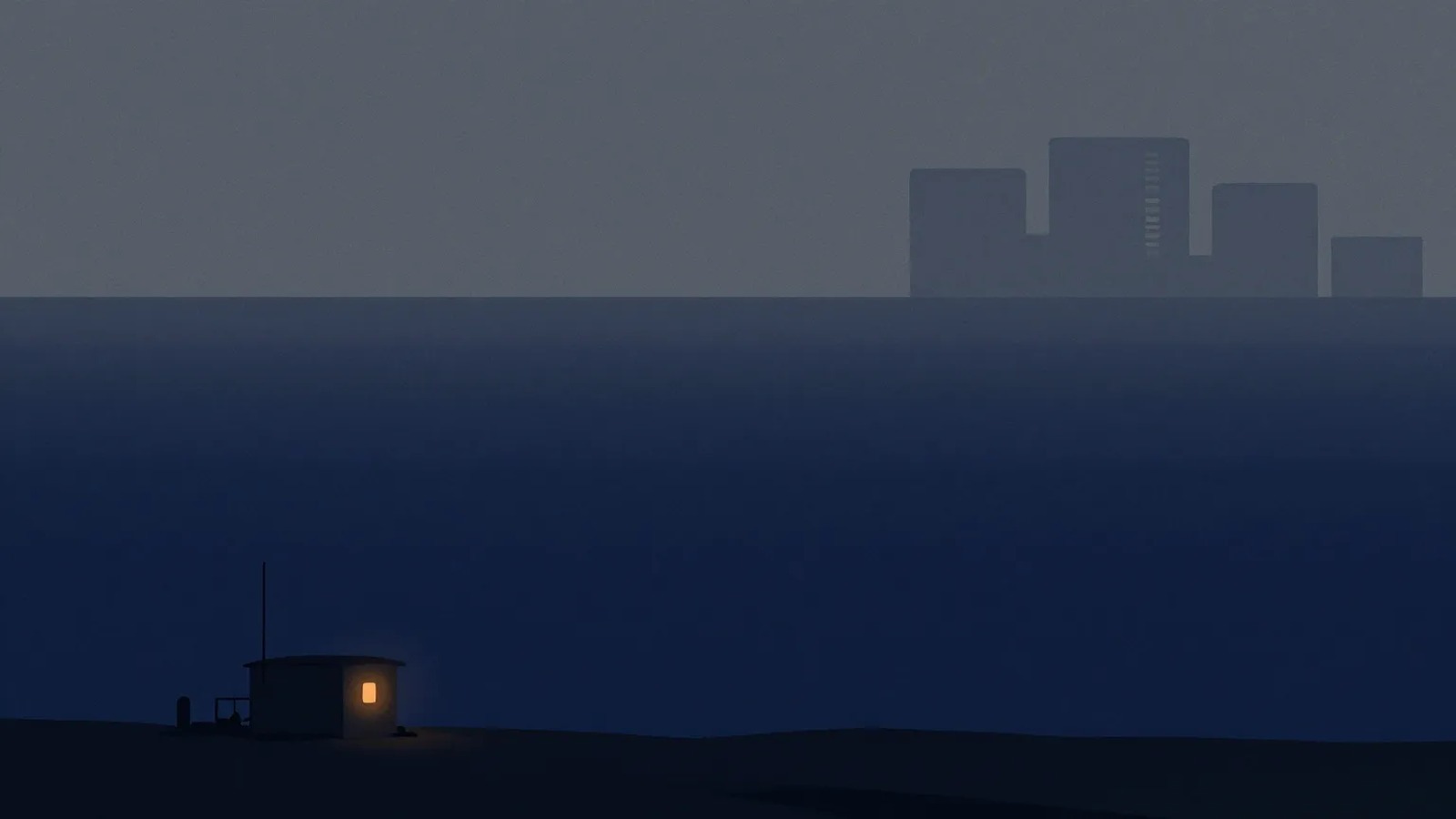 A small lit equipment enclosure on dark terrain, separated by wide empty haze from faint, distant data center buildings on the horizon