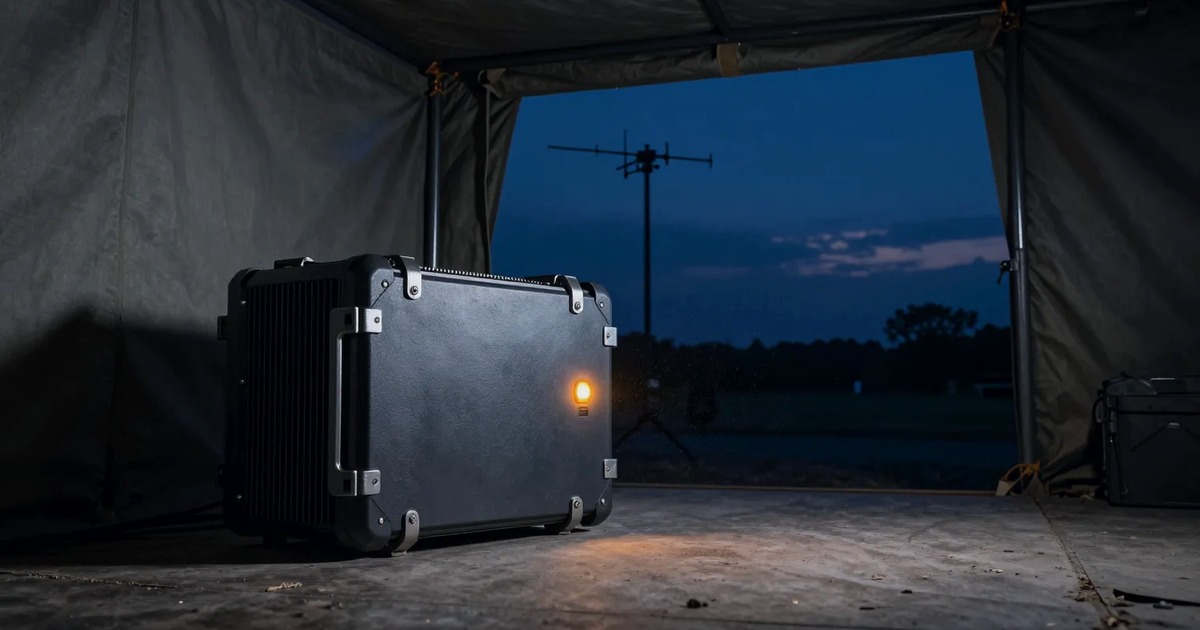 A rugged edge computing node with an amber status light inside a forward shelter at dusk, with a mesh antenna mast visible outside