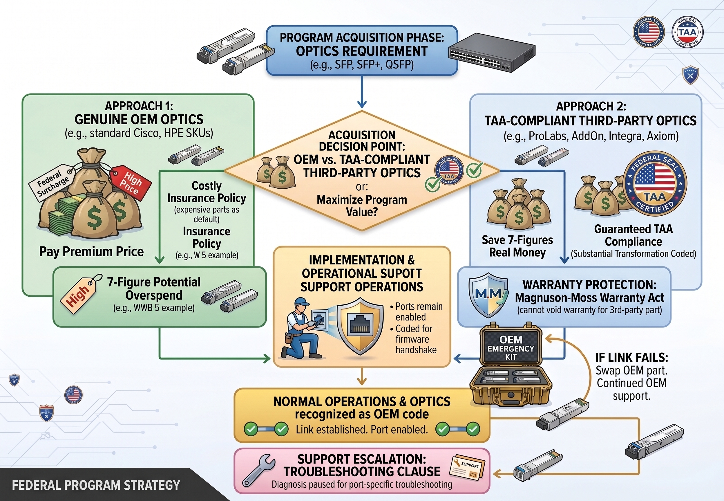 Federal program strategy diagram contrasting genuine OEM optics with TAA-compliant third-party optics at the acquisition decision point, showing Magnuson-Moss warranty protection, the OEM emergency kit, normal operations, and the support-escalation troubleshooting clause